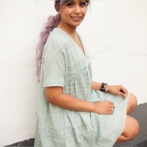 Light Sage V-Neck Tiered Women's Dress